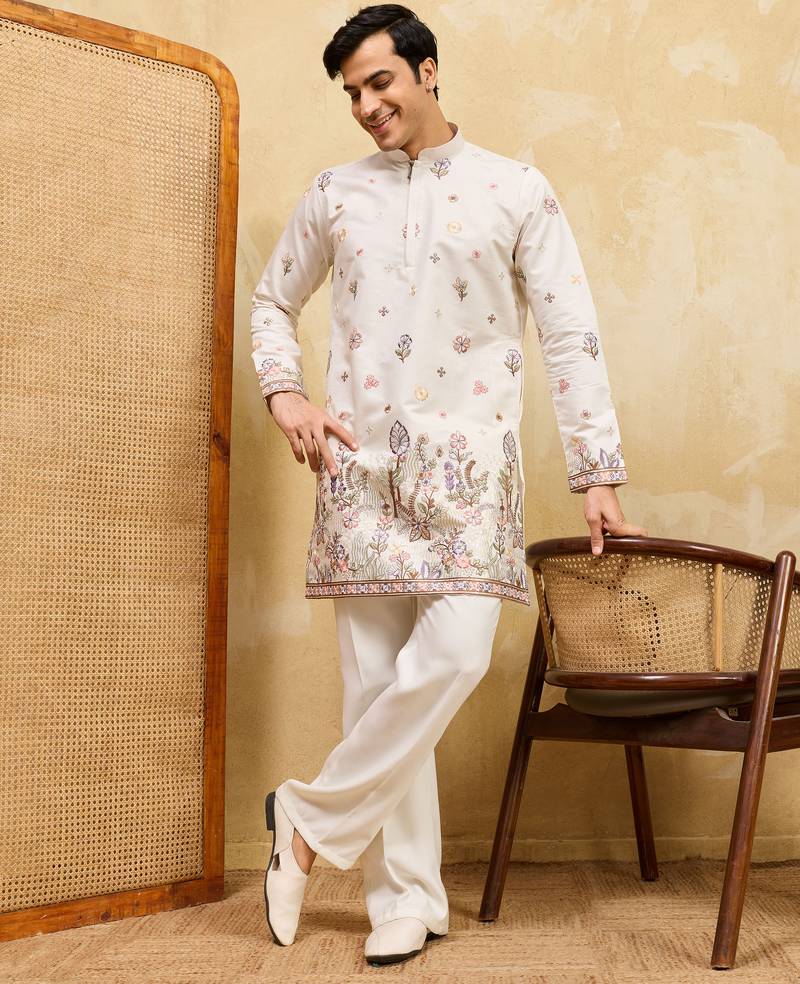 White viscose silk multi thread & sequence embroidered work kurta