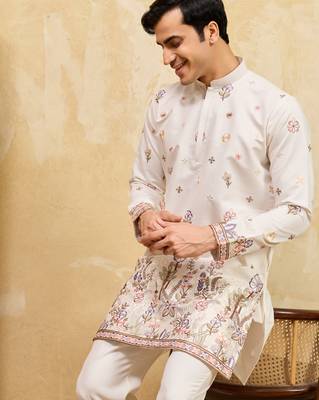 White viscose silk multi thread & sequence embroidered work kurta 2