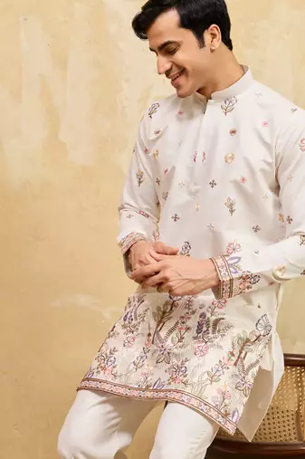 White viscose silk multi thread & sequence embroidered work kurta