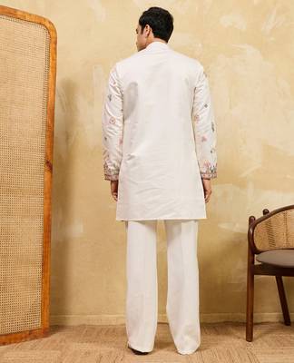 White viscose silk multi thread & sequence embroidered work kurta 3