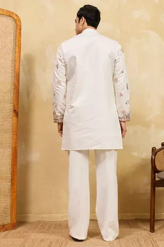 White viscose silk multi thread & sequence embroidered work kurta