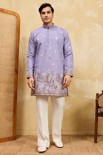 Lavender viscose silk multi thread & sequence embroidered work kurta