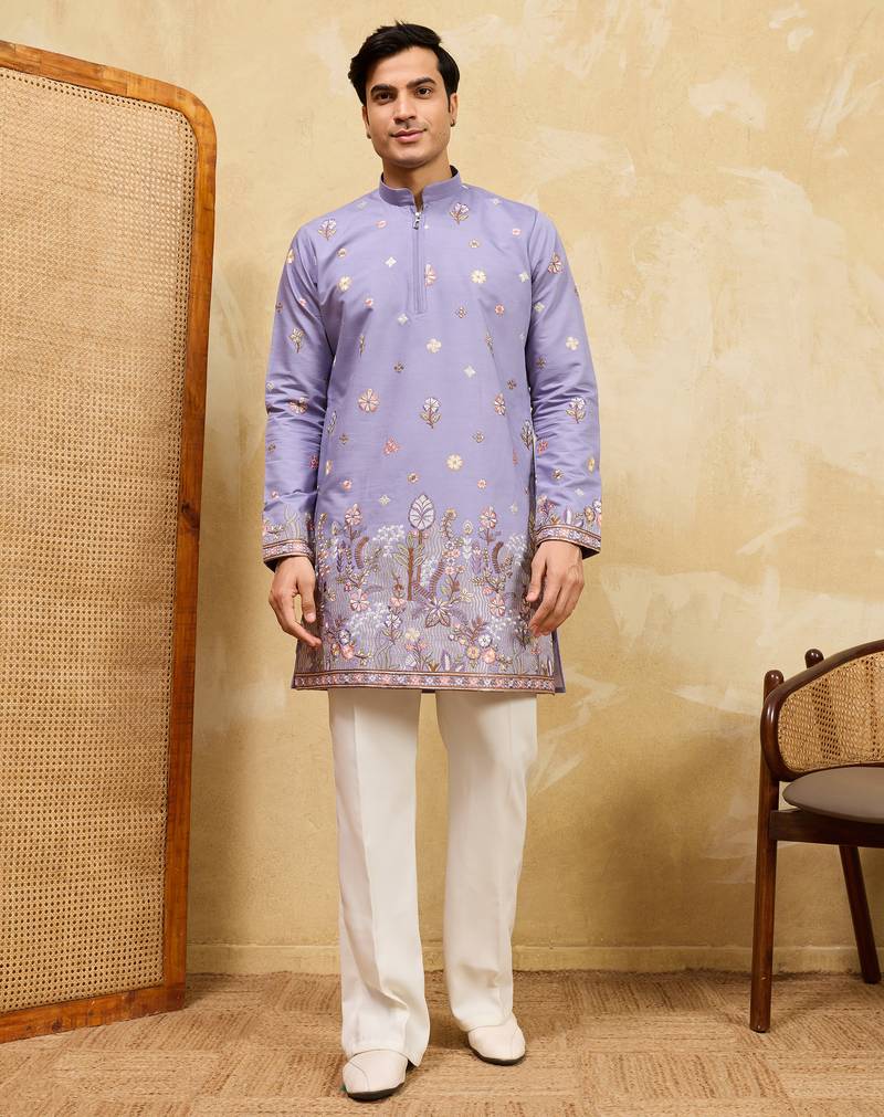 Lavender viscose silk multi thread & sequence embroidered work kurta