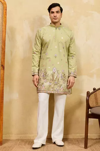 Pistachio viscose silk multi thread & sequence embroidered work kurta