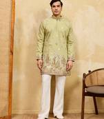 Pistachio viscose silk multi thread & sequence embroidered work kurta