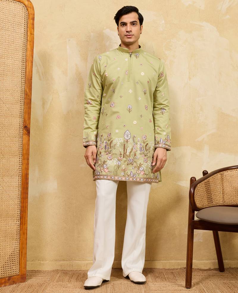 Pistachio viscose silk multi thread & sequence embroidered work kurta