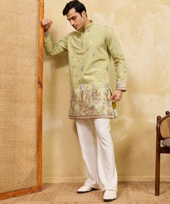 Pistachio viscose silk multi thread & sequence embroidered work kurta 2
