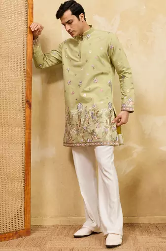 Pistachio viscose silk multi thread & sequence embroidered work kurta