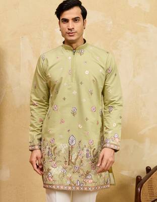 Pistachio viscose silk multi thread & sequence embroidered work kurta 3