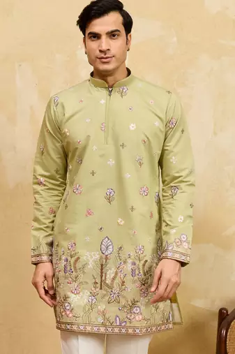 Pistachio viscose silk multi thread & sequence embroidered work kurta