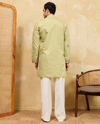 Pistachio viscose silk multi thread & sequence embroidered work kurta 4