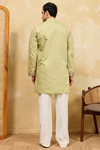 Pistachio viscose silk multi thread & sequence embroidered work kurta
