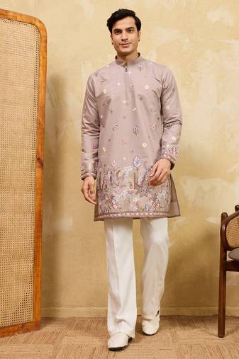 Beige viscose silk multi thread & sequence embroidered work kurta
