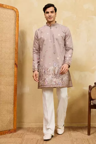 Beige viscose silk multi thread & sequence embroidered work kurta
