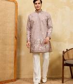 Beige viscose silk multi thread & sequence embroidered work kurta