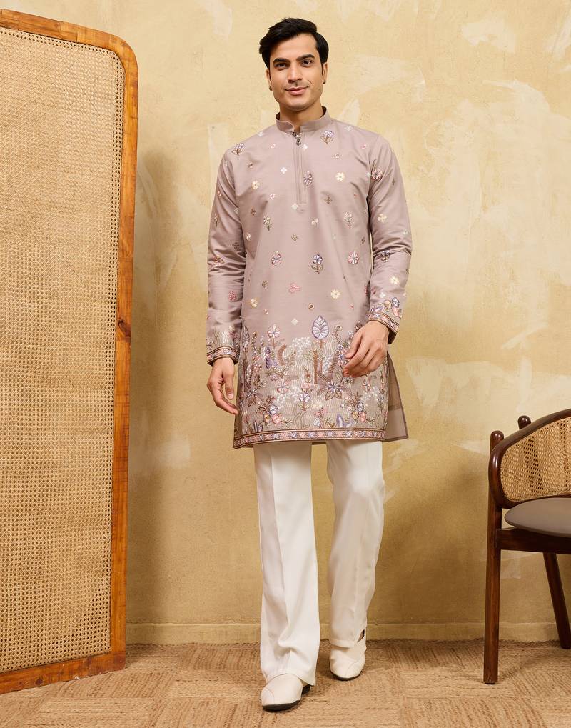 Beige viscose silk multi thread & sequence embroidered work kurta