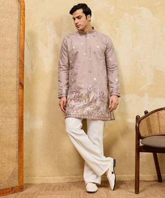Beige viscose silk multi thread & sequence embroidered work kurta 2
