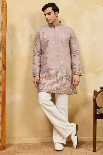 Beige viscose silk multi thread & sequence embroidered work kurta