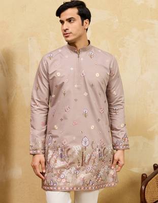 Beige viscose silk multi thread & sequence embroidered work kurta 3