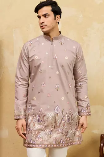 Beige viscose silk multi thread & sequence embroidered work kurta