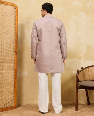 Beige viscose silk multi thread & sequence embroidered work kurta 4