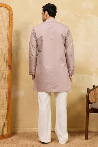 Beige viscose silk multi thread & sequence embroidered work kurta