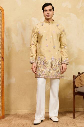 Yellow viscose silk multi thread & sequence embroidered work kurta