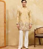 Yellow viscose silk multi thread & sequence embroidered work kurta