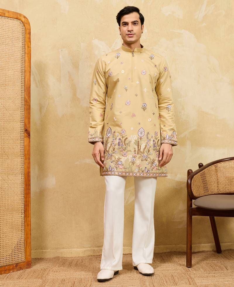 Yellow viscose silk multi thread & sequence embroidered work kurta