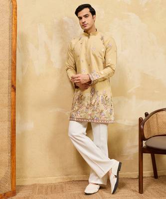 Yellow viscose silk multi thread & sequence embroidered work kurta 2
