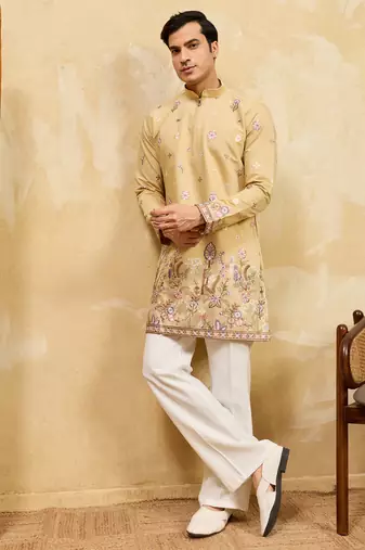 Yellow viscose silk multi thread & sequence embroidered work kurta
