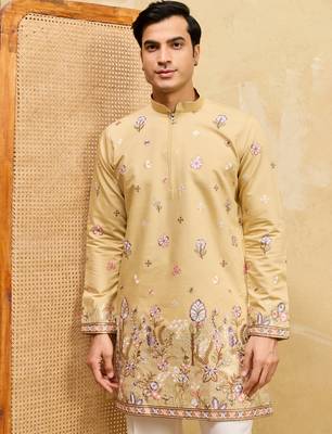 Yellow viscose silk multi thread & sequence embroidered work kurta 3
