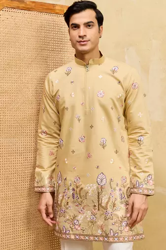 Yellow viscose silk multi thread & sequence embroidered work kurta