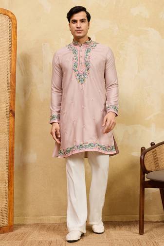 pink silk multi thread & sequence embroidered work kurta