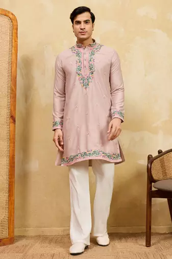 pink silk multi thread & sequence embroidered work kurta