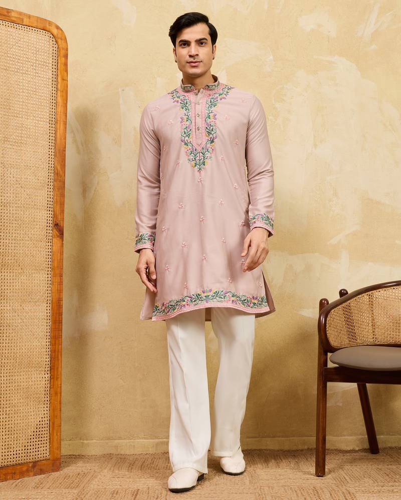 pink silk multi thread & sequence embroidered work kurta