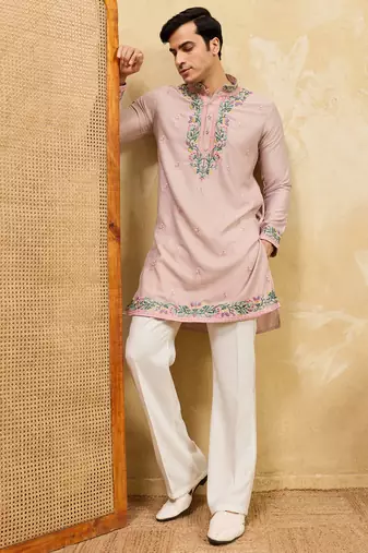 pink silk multi thread & sequence embroidered work kurta