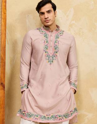 pink silk multi thread & sequence embroidered work kurta 3
