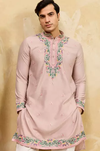 pink silk multi thread & sequence embroidered work kurta