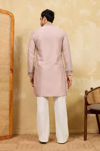 pink silk multi thread & sequence embroidered work kurta