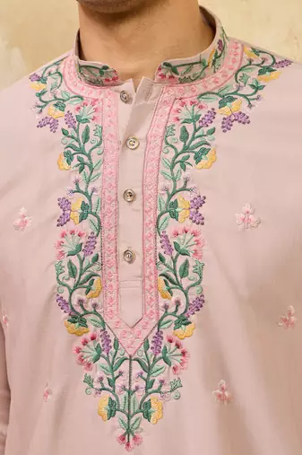 pink silk multi thread & sequence embroidered work kurta