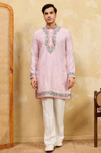 Pink khadi silk multi thread & sequence embroidered work kurta