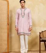 Pink khadi silk multi thread & sequence embroidered work kurta