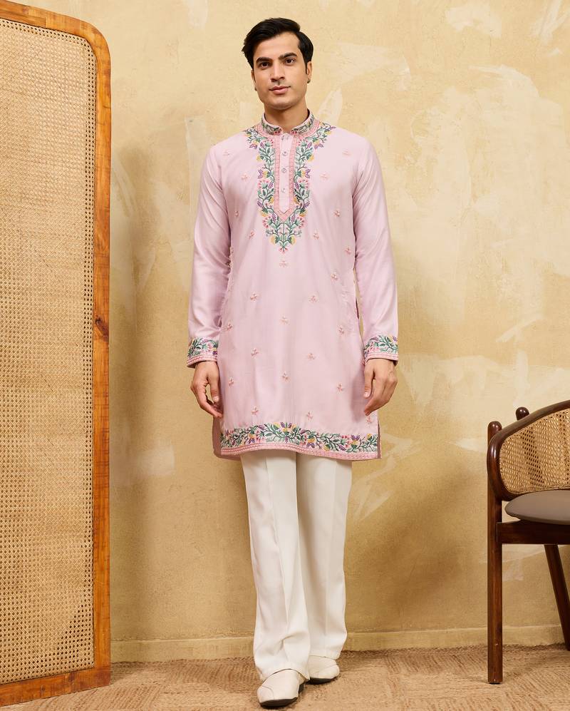 Pink khadi silk multi thread & sequence embroidered work kurta