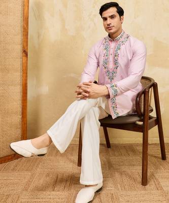 Pink khadi silk multi thread & sequence embroidered work kurta 2