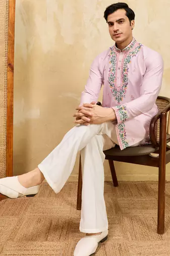 Pink khadi silk multi thread & sequence embroidered work kurta