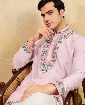 Pink khadi silk multi thread & sequence embroidered work kurta 3