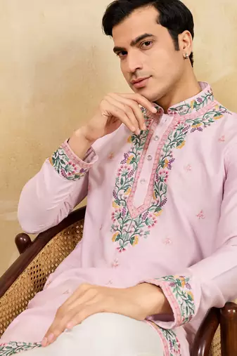 Pink khadi silk multi thread & sequence embroidered work kurta