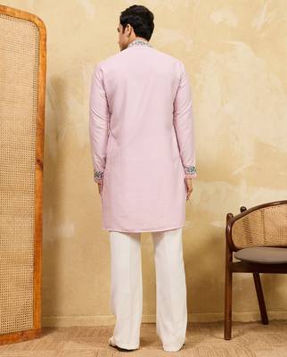 Pink khadi silk multi thread & sequence embroidered work kurta 4