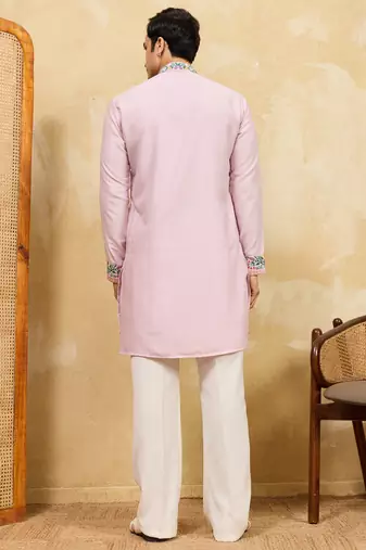 Pink khadi silk multi thread & sequence embroidered work kurta